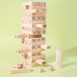 Jenga 54 blocks pcs en bois avec dominos et chiffre en bois naturel