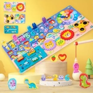 8 en 1, Puzzle Montessori en Bois naturel, formes, chiffres, horloge, circulation etc.