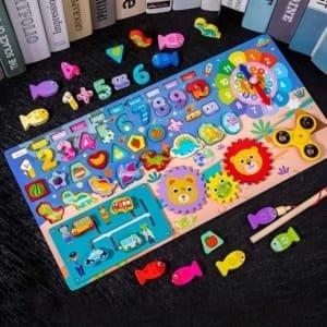 8 en 1, Puzzle Montessori en Bois naturel, formes, chiffres, horloge, circulation etc.