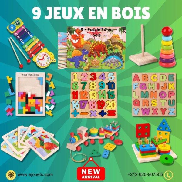 Pack de 9 Jouets Montessori en bois naturel, jouets éducatifs, ludiques et amusants pour les petits