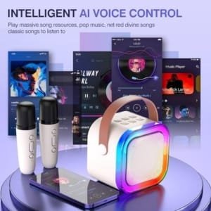 Machine de karaoké pour enfants et adultes, mini haut-parleur de karaoké Bluetooth portable avec 2 micros sans fil et lumière pour fête à la maison