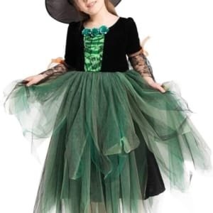 Déguisement Sorcière Costume Halloween Robe Manches Longues & Chapeau de Sorcière