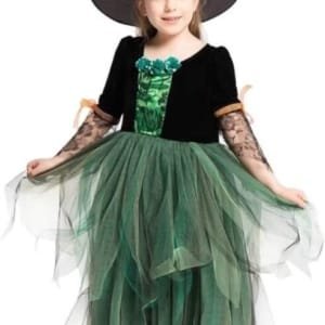 Déguisement Sorcière Costume Halloween Robe Manches Longues & Chapeau de Sorcière