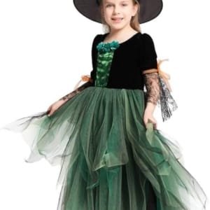 Déguisement Sorcière Costume Halloween Robe Manches Longues & Chapeau de Sorcière