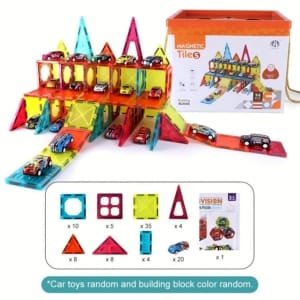 Ensemble de Blocs de Construction Magnétiques & Voitures à Tirer pour Garage de Stationnement - 66/94pcs,