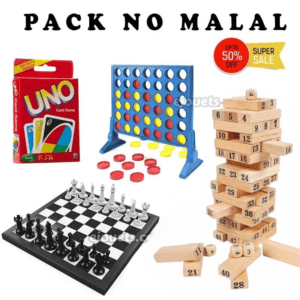 PACK 4: Jenga 54 pcs en bois naturel+ Jeu d'échecs magnétique + Carte Uno + Jeu de Puissance 4