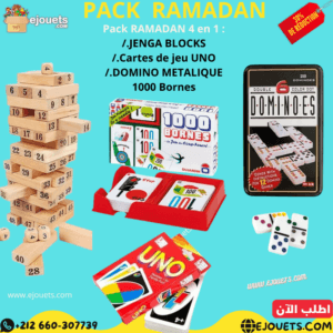 PACK 4 : Jenga 54 pcs +domino+ Carte Uno + 1000 bornes
