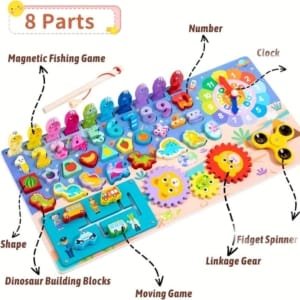 8 en 1, Puzzle Montessori en Bois naturel, formes, chiffres, horloge, circulation etc.