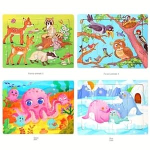 15 Puzzle 4x3 pour enfants en bois - thème des animeaux 15 x 11 cm
