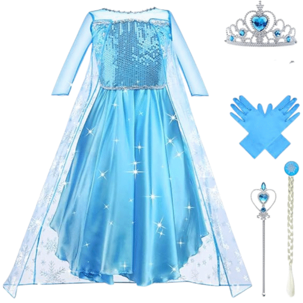 Robe Elsa Enfant de Princesse, Elsa Costume Princesse avec 4 Accessoires - Deguisement frozen
