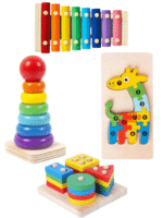Set de 4 Jeux d'Éveil en Bois Colorés - Xylophone, Anneaux, Tri de Formes & Puzzle Animal – Image 2