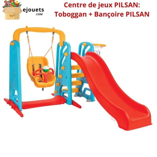 Ensemble toboggan et balançoire Pilsan, centre de jeux et d'activité pour crèche, école, villa, etc.
