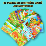 20 Puzzle en bois thème parent-enfant, dessin animé, animal, jeu Montessori