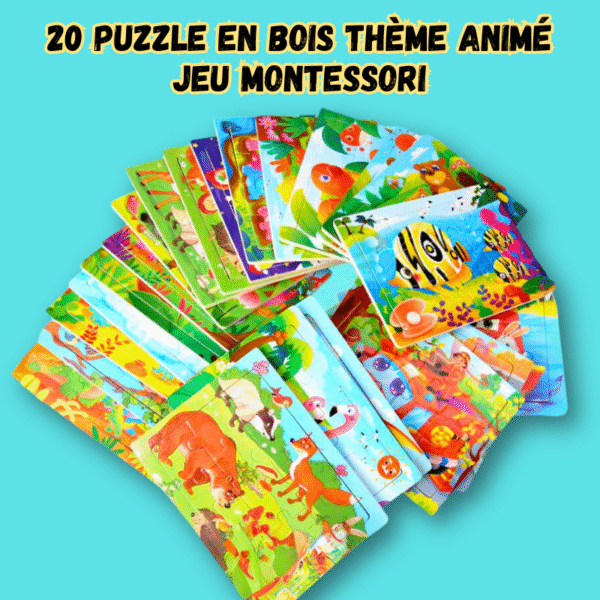 20 Puzzle en bois thème parent-enfant, dessin animé, animal, jeu Montessori