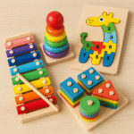 Set de 4 Jeux d'Éveil en Bois Colorés - Xylophone, Anneaux, Tri de Formes & Puzzle Animal