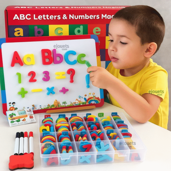 Kit ABC Lettres et Chiffres 253 pièces magnétiques avec Tableau magnétique double face et rangement
