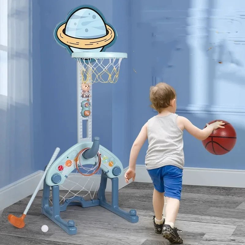 3-20.jpg Centre d'Activités Bébé 4-en-1 Spatial 🚀 - Basketball 🏀, Football ⚽, Golf ⛳ & Anneaux - Hauteur Ajustable – Image 1
