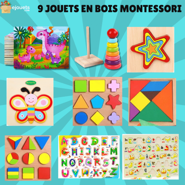 Ensemble de 9 Jouets Montessori en bois naturel, jouets éducatifs