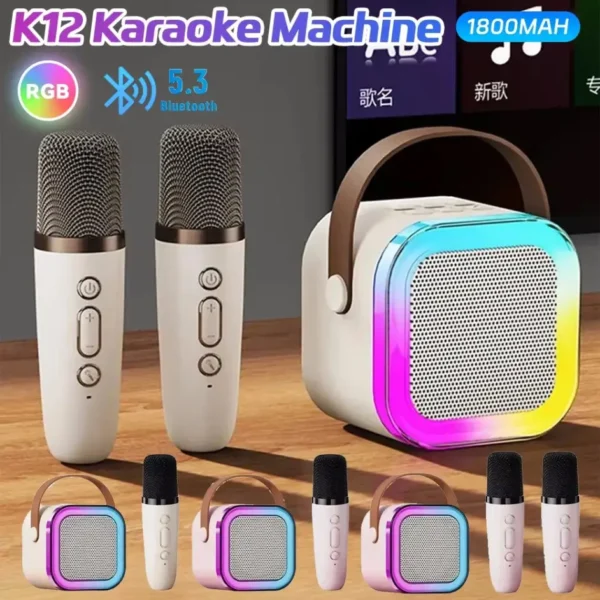 Machine de karaoké Bluetooth, K12 portable, haut-parleurs 5.3 PA, 2 microphones sans fil