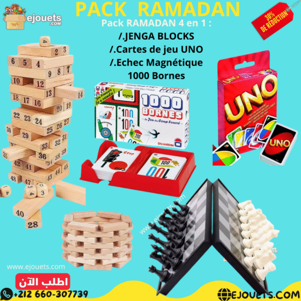 PACK 4 : Jenga 54 pcs +Echec+ Carte Uno + 1000 bornes