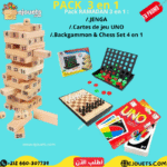 Pack de 3 jouets, Jenga 54 pcs + Backgamon Chess  Set 4 en 1+ Jeu de carte Uno