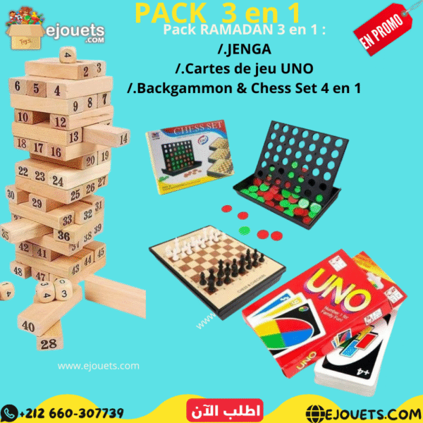 Pack de 3 jouets, Jenga 54 pcs + Backgamon Chess  Set 4 en 1+ Jeu de carte Uno