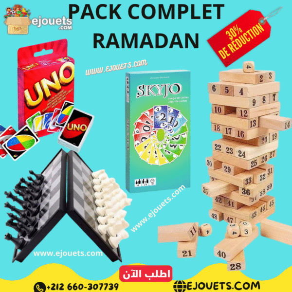 PACK 4: Jenga 54 pcs + Jeu d'échecs + Carte Uno + Skyjo