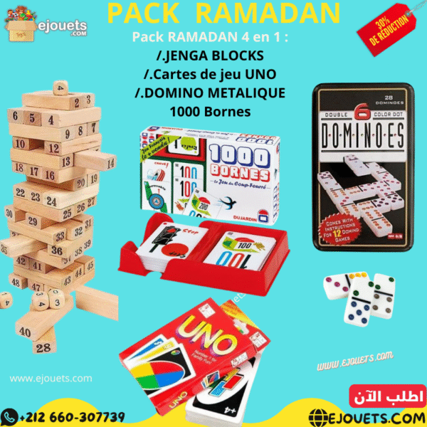 PACK 4 : Jenga 54 pcs +domino+ Carte Uno + 1000 bornes