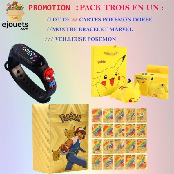 Lot 55 carte pokémon + Veilleuse PIKACHU + Montre Spiderman