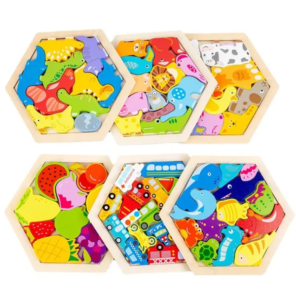 6 Puzzle en bois Montessori pour enfants, jouet éducatif, dessin animé, dinosaure, Animal, jeu pour bébés