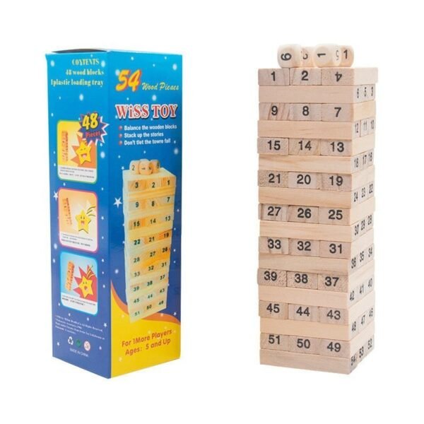 Tour Jenga en bois 54 blocs et 4 Domino de jeu