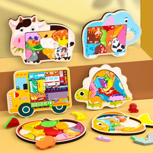 Puzzle Animal en bois dinosaure Puzzle enfants jouets éducatifs coloré fruits transport Puzzles bricolage poisson