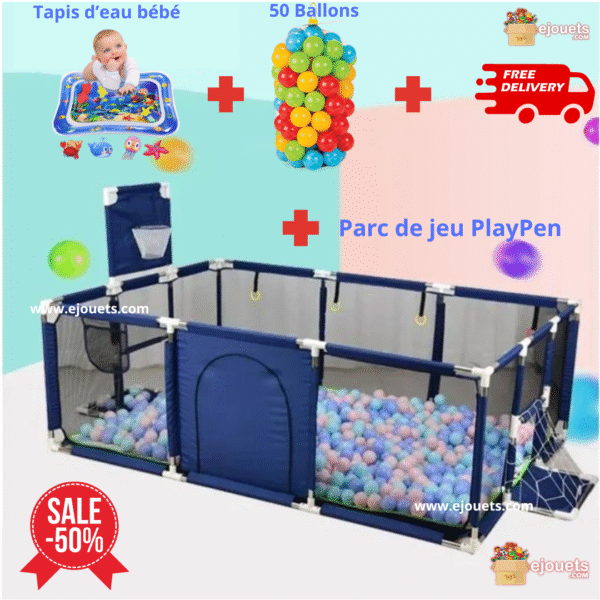 Bébé PlayPen Aire de jeux intérieure avec clôture de sécurité pour bébé + 50 Balles + Tapis d'eau gratuit