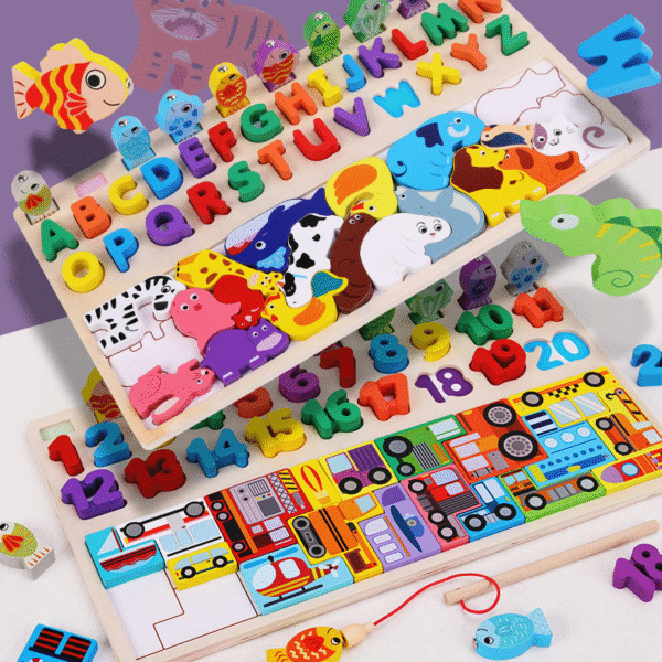 Puzzle magnétique 4 en 1 en Bois avec Chiffres et Animaux - Jeu de Pêche et d'Apprentissage